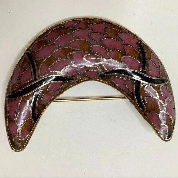VINTAGE Half Moon Cloisonné Statement Brooch - Picture 2 of 10